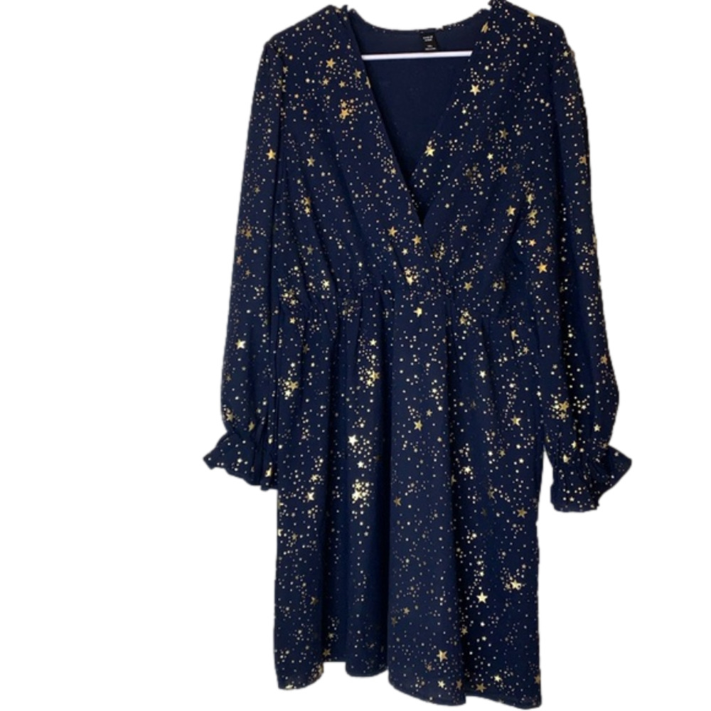 SHEIN navy blue with gold stars faux wrap dress size 1XL - Picture 2 of 7